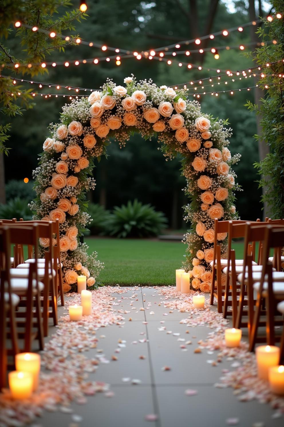 Floral arch with string lights over an aisle