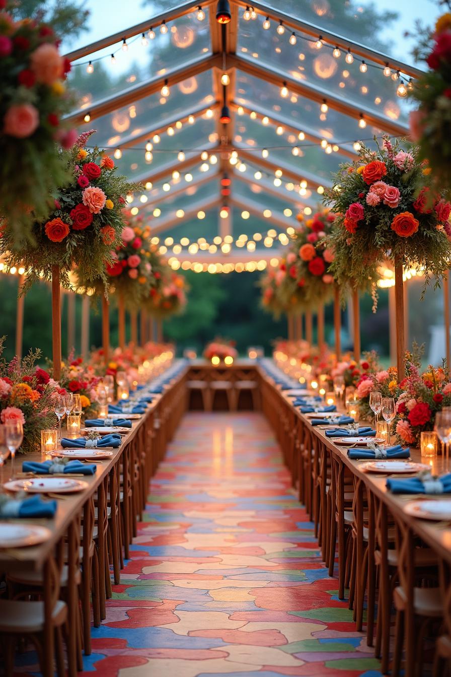 A vibrant wedding aisle with flowers and string lights