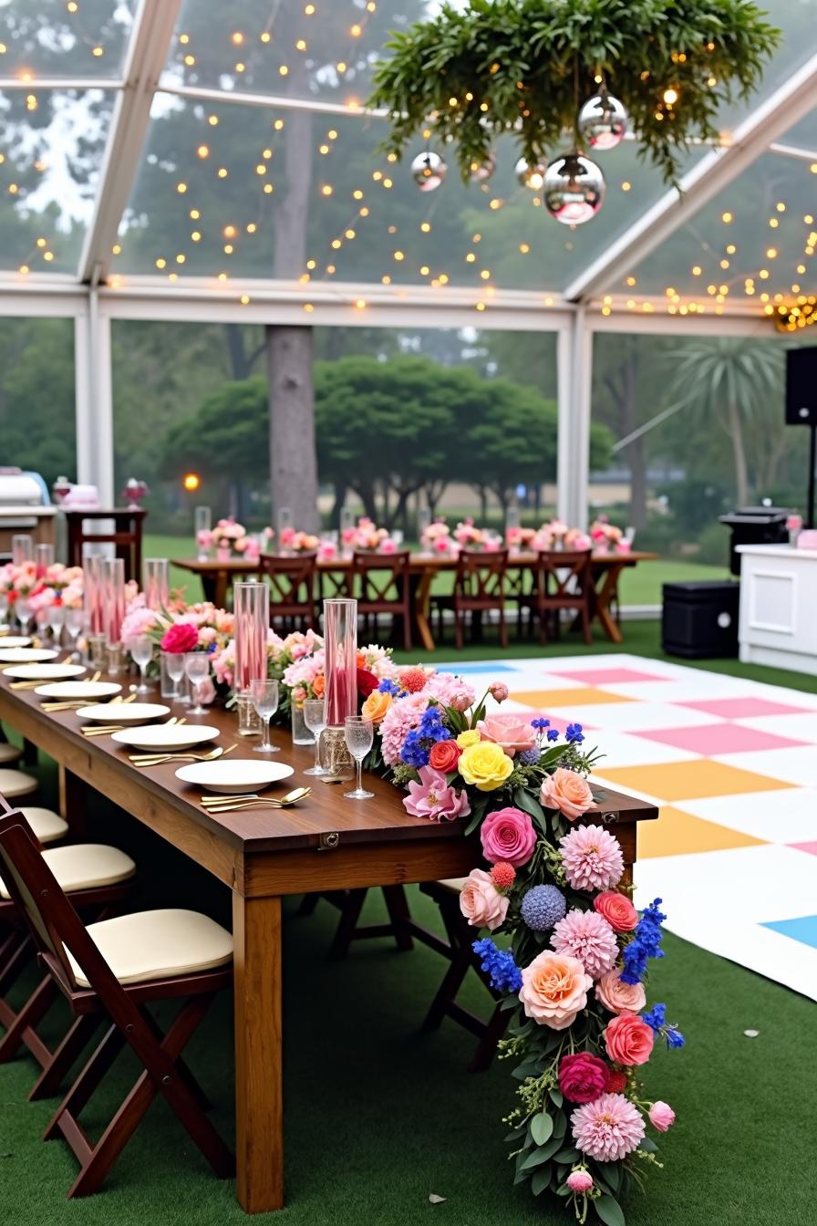 Elegantly decorated wedding table with vibrant floral arrangements and string lights