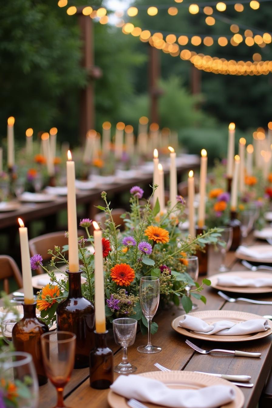 Rustic table adorned with wildflowers and tall candles