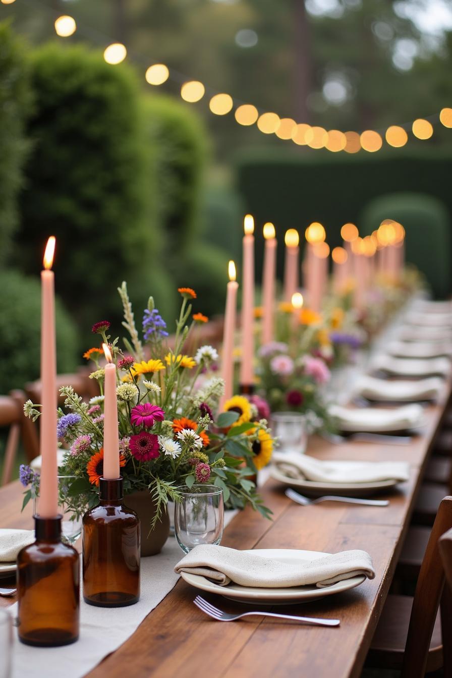 Colorful wildflowers and tall candles on a wooden table