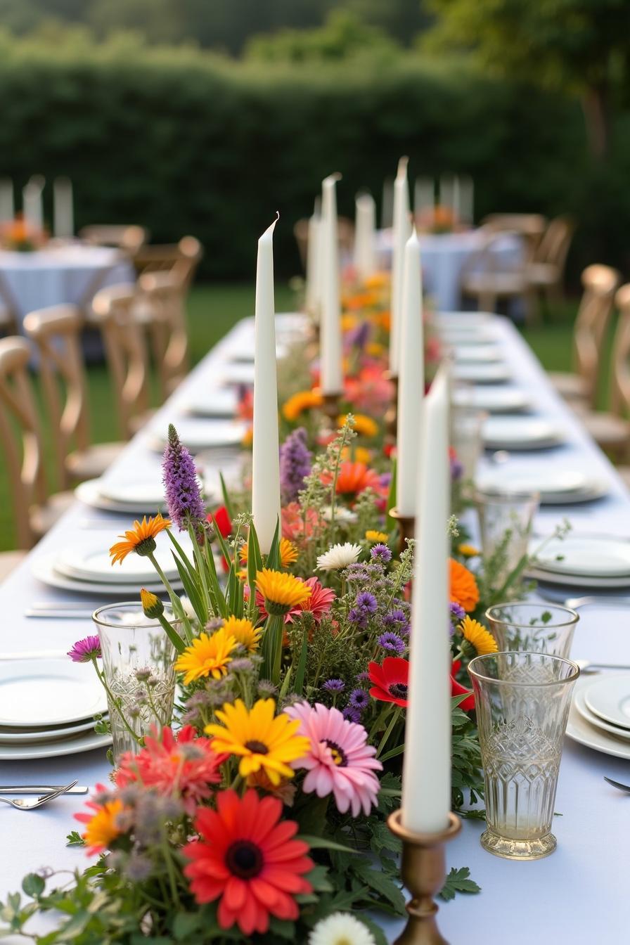 Long table adorned with colorful wildflowers and tall white candles