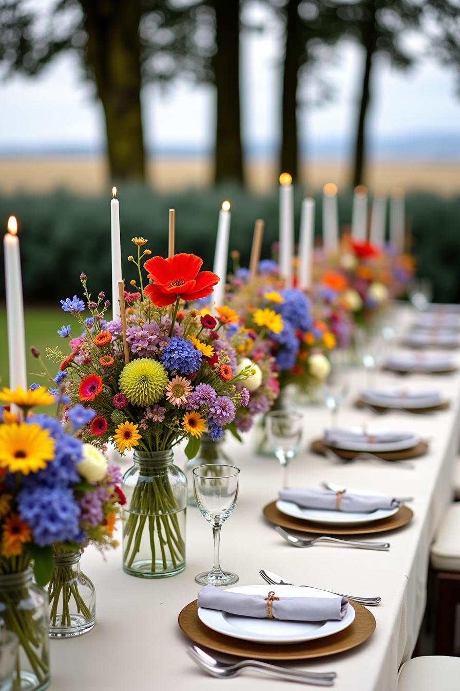 Colorful wildflower arrangements with tall candles on an elegant outdoor wedding table