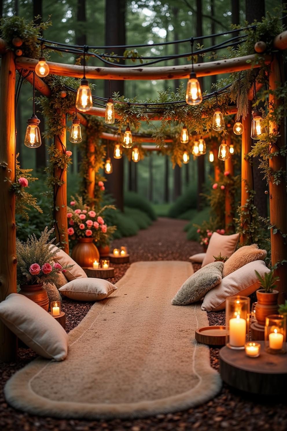 Fairy lights and soft cushions along a forest pathway