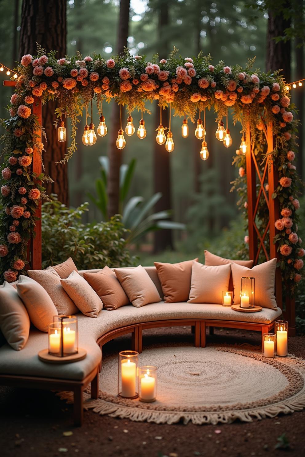 Cozy seating with floral arch and hanging lights