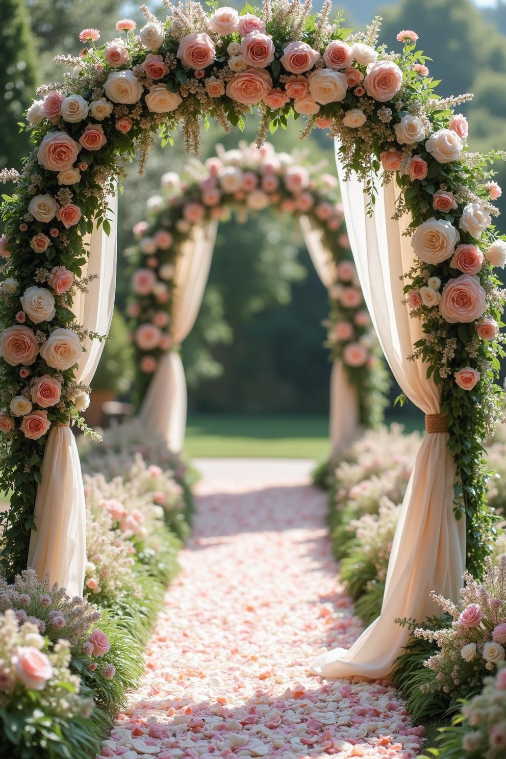 Pathway adorned with petal-strewn arches