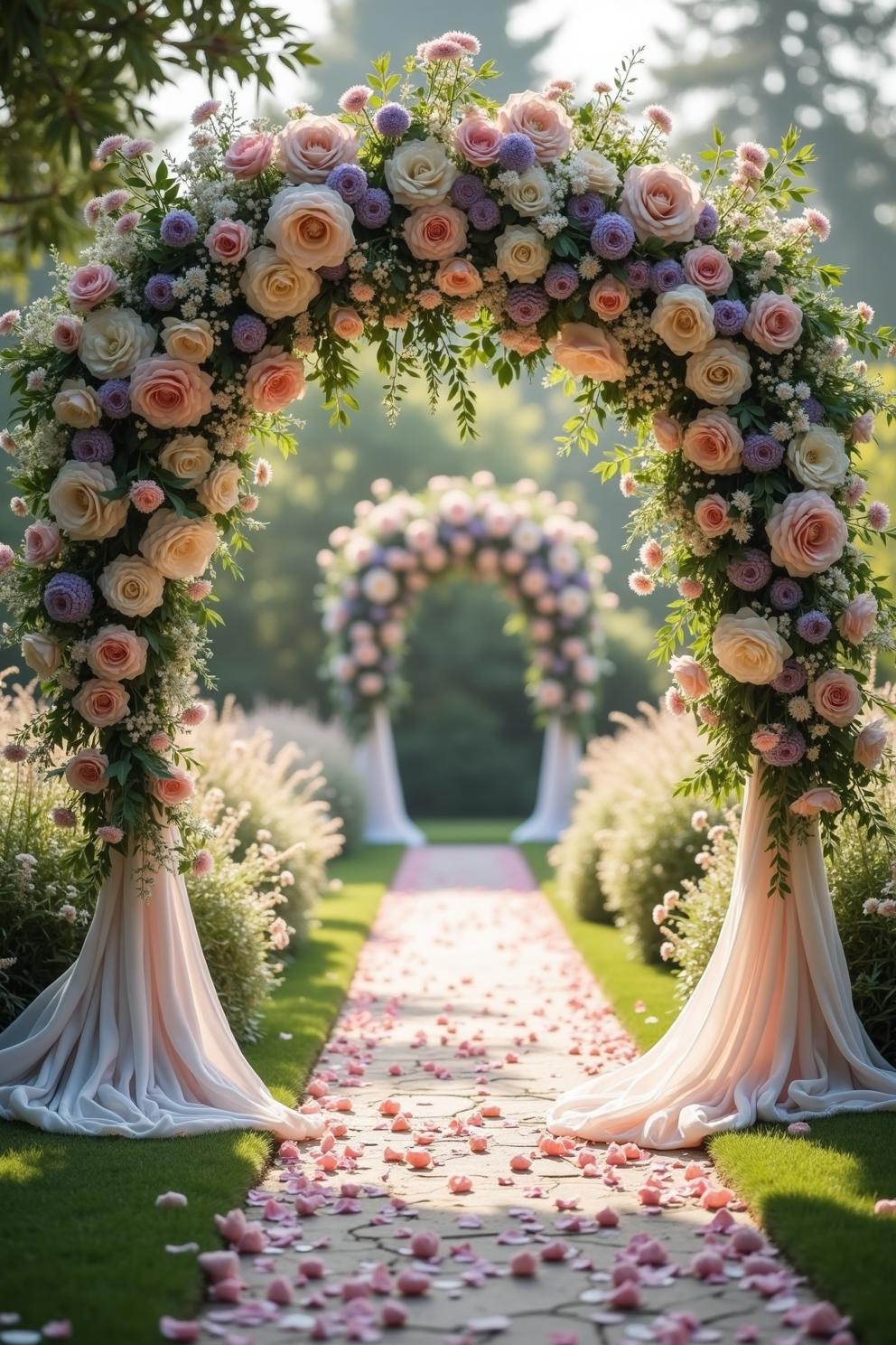 Pathway lined with floral arches draped in roses and petals