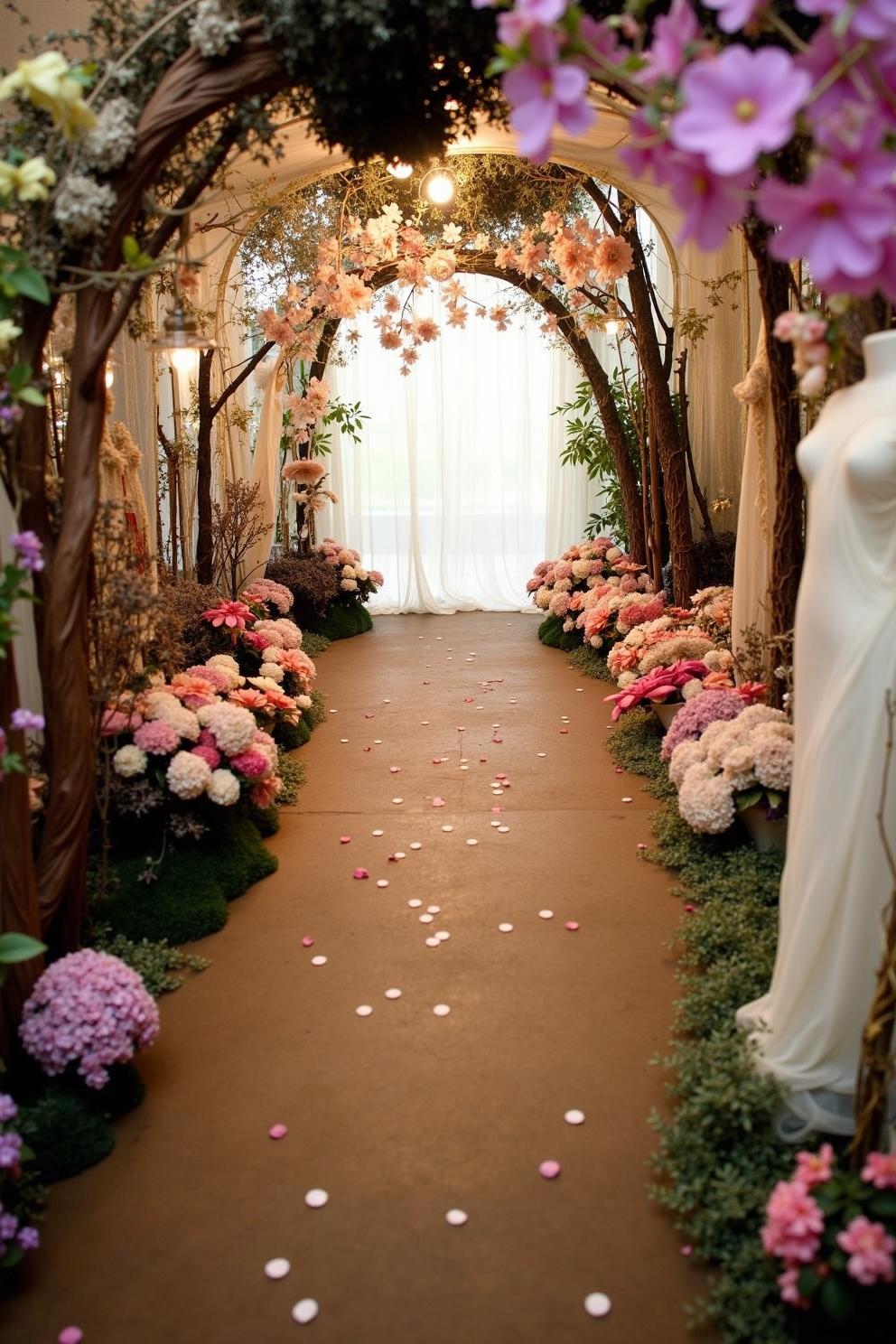 Enchanting garden wedding aisle with floral arches and petal-strewn walkway