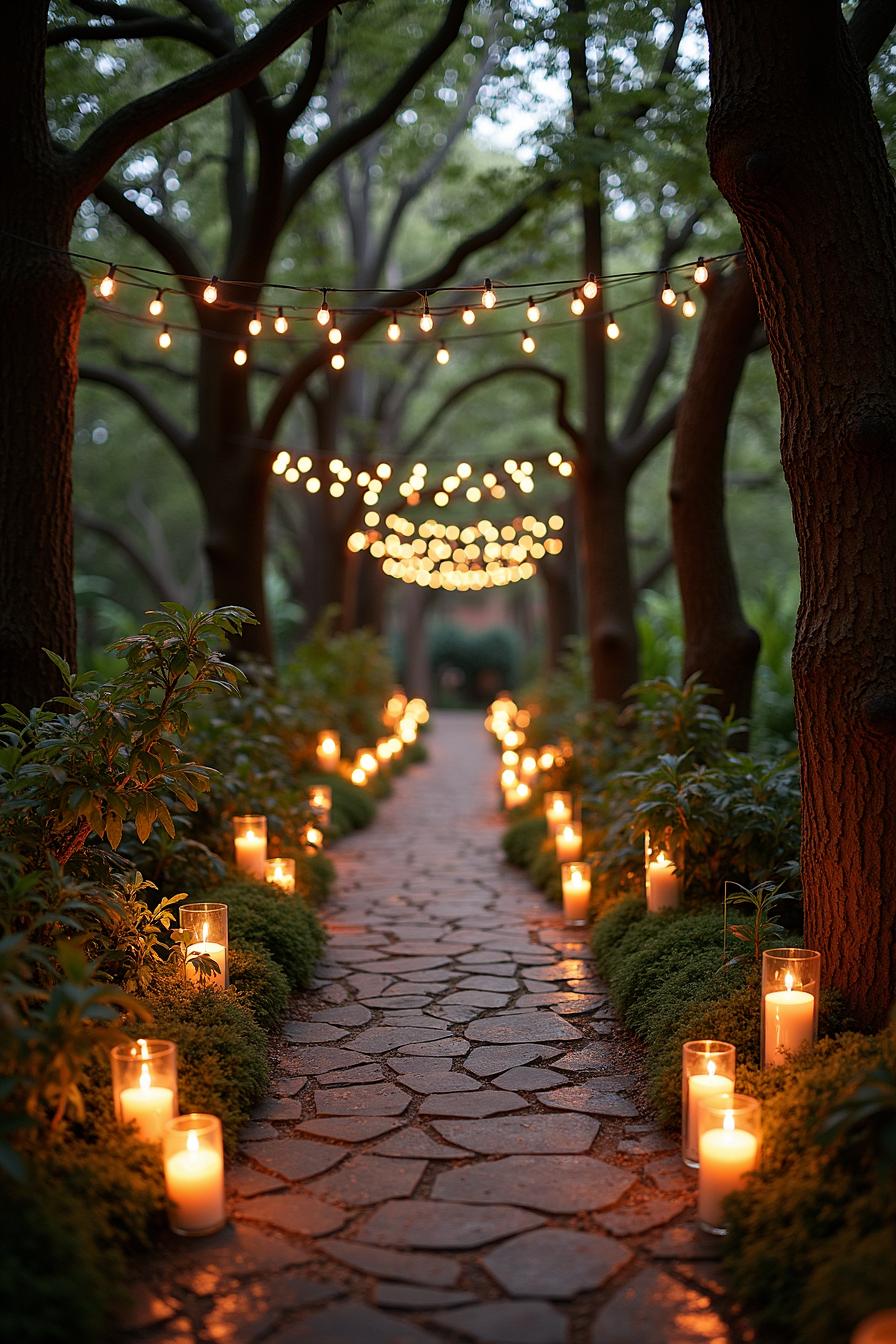 A candlelit path under tree-hung string lights