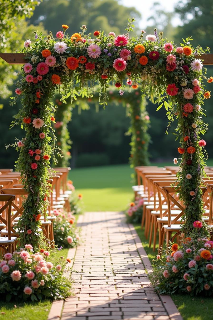 Colorful wildflower arch with wedding aisle and chairs