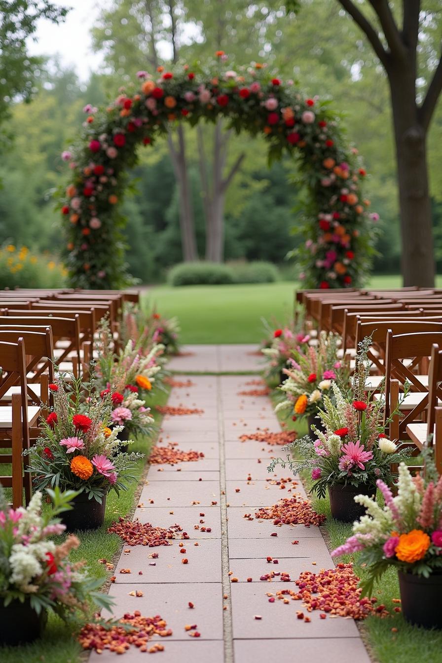 Outdoor wedding aisle with flower arrangements and arch