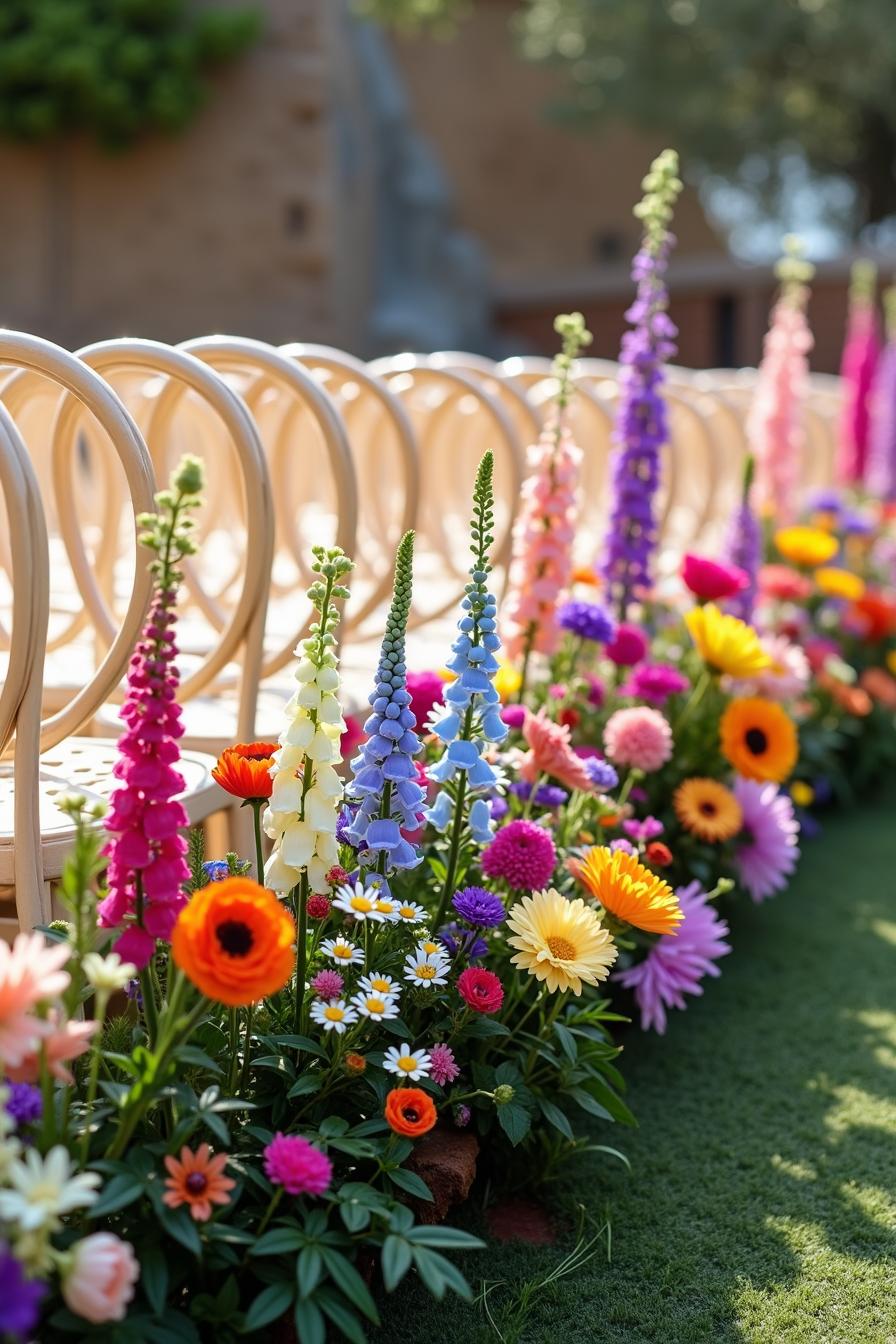 Colorful wildflowers and elegant wooden chairs