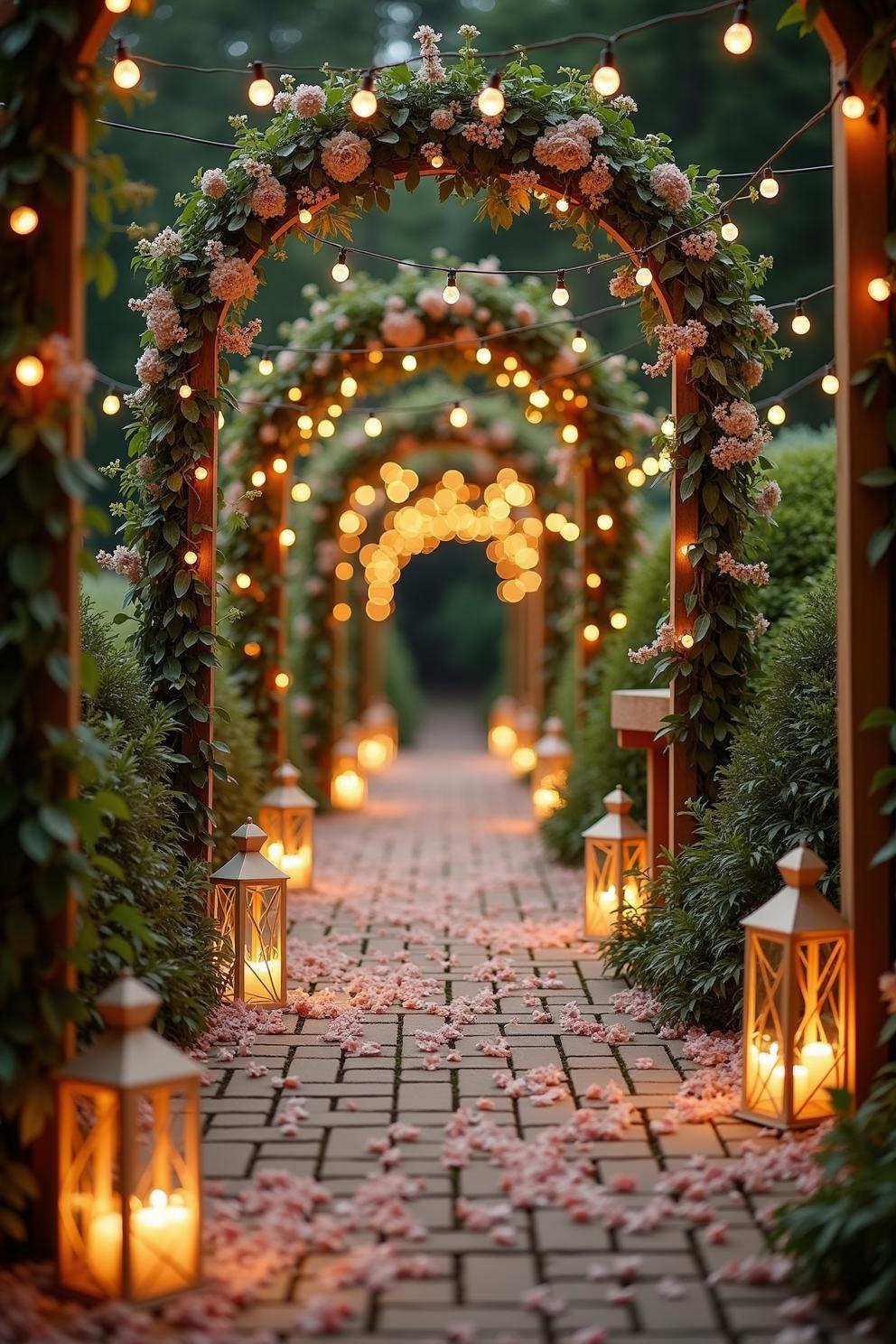 Lantern-Lit Flower Arch Pathway