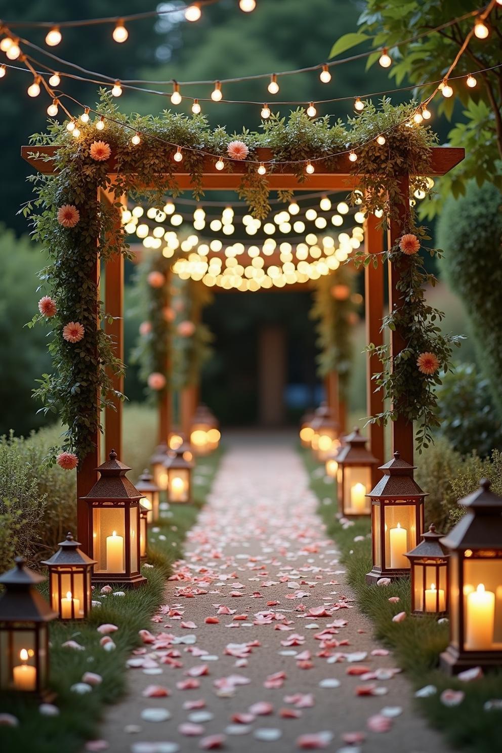 Romantic garden aisle adorned with lights, lanterns, and petals