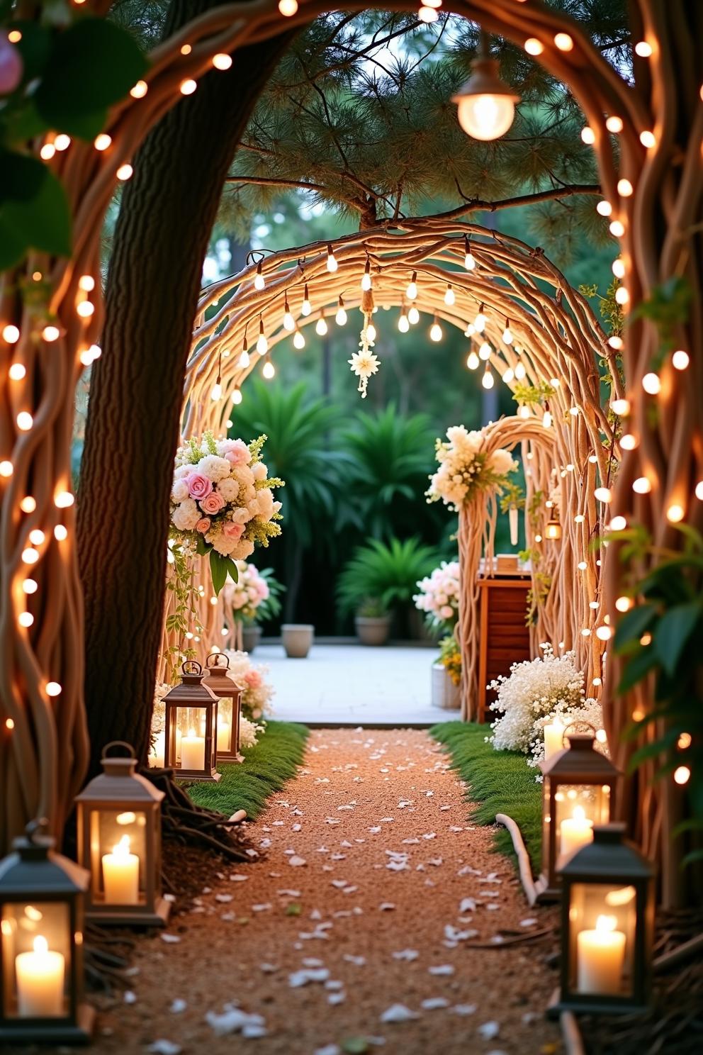 Illuminated garden arbor with lanterns and flowers