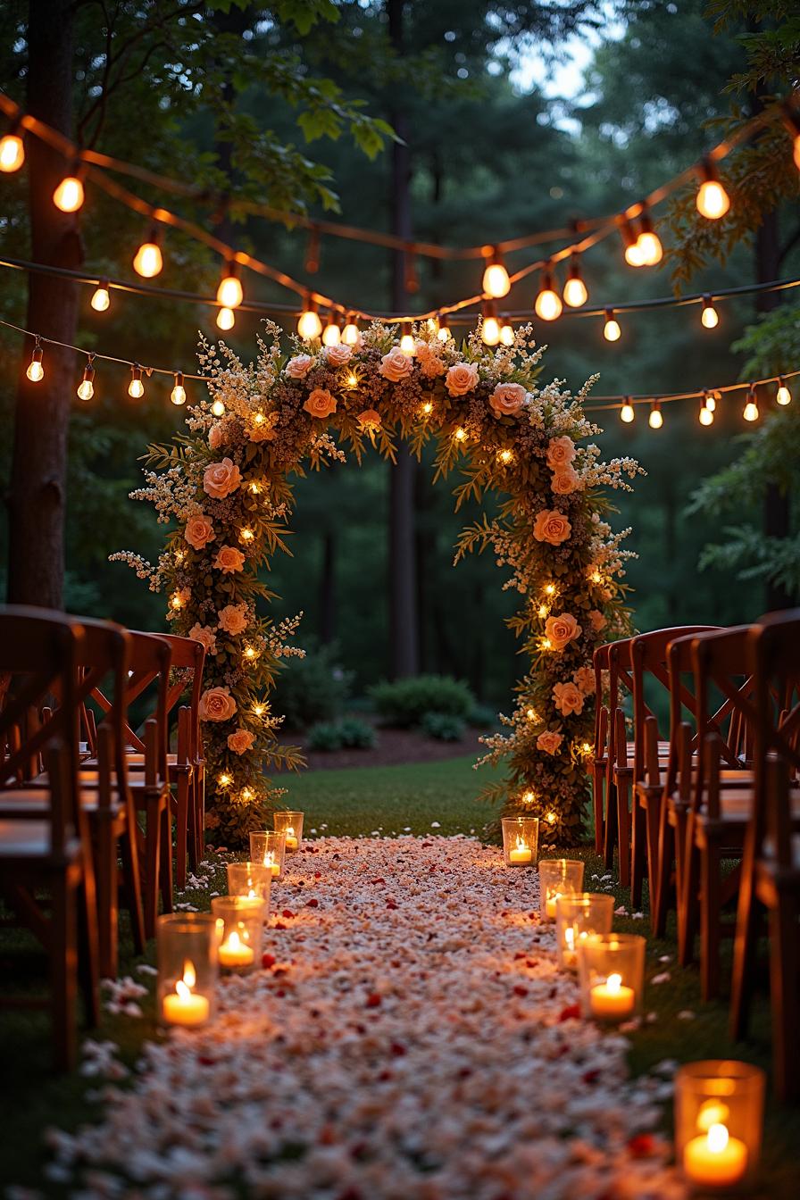 Lit floral arch adorned with lanterns and candles