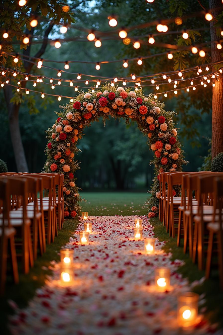 Wedding aisle adorned with floral arch and glowing candles