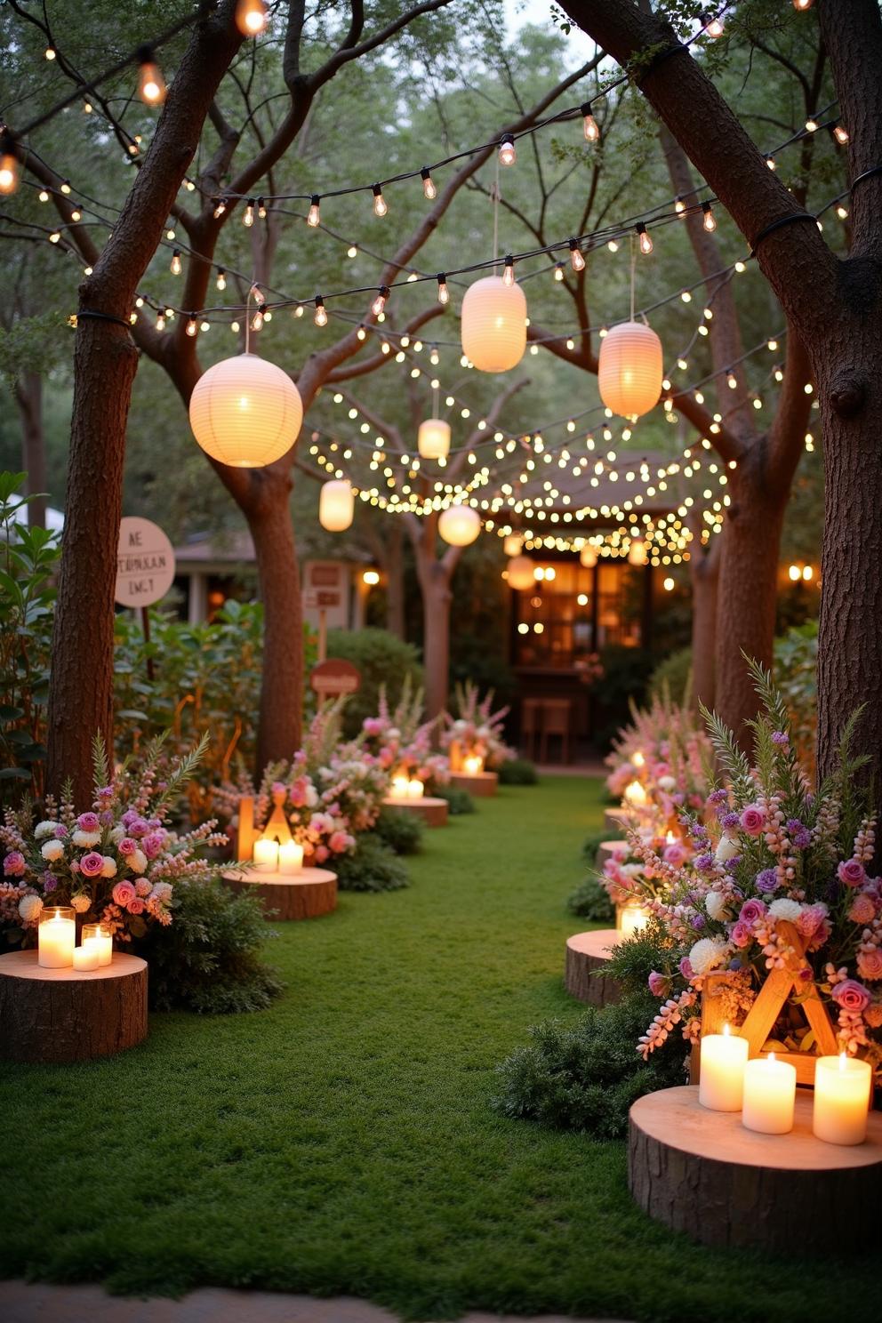 Outdoor garden path with string lights and floral arrangements