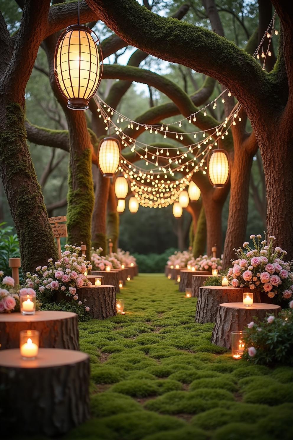 Pathway with hanging lights and floral decorations