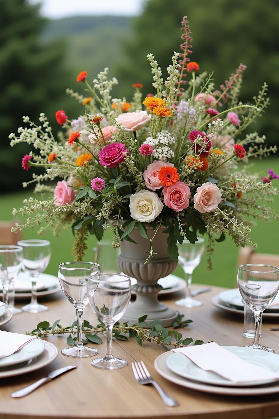 A rustic table adorned with vibrant wildflowers and elegant glassware