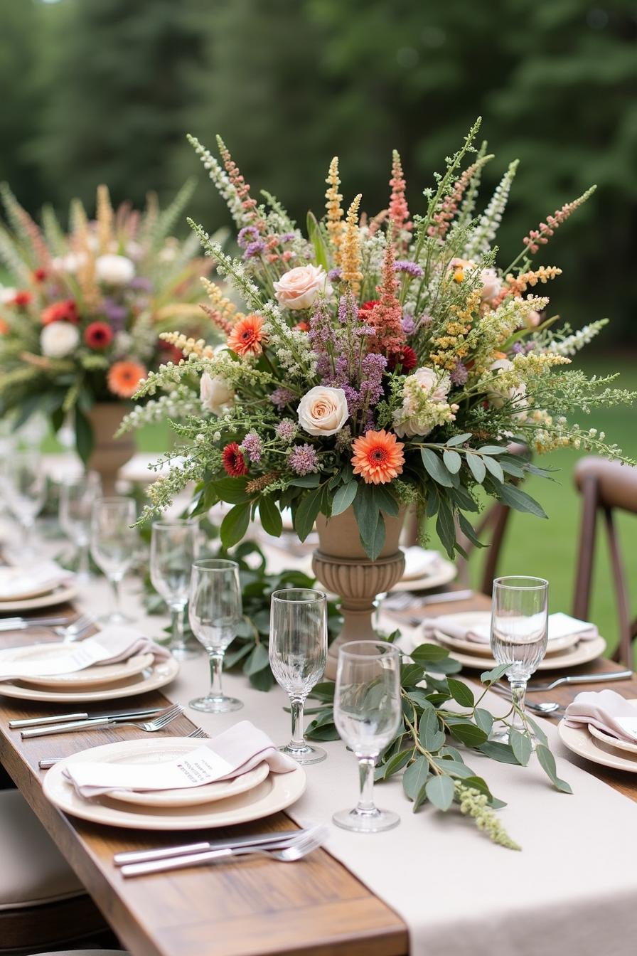 Outdoor table with wildflower centerpieces