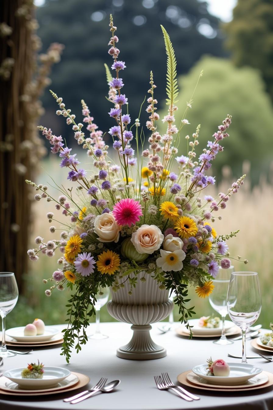 Wildflower arrangement on a wedding table setting