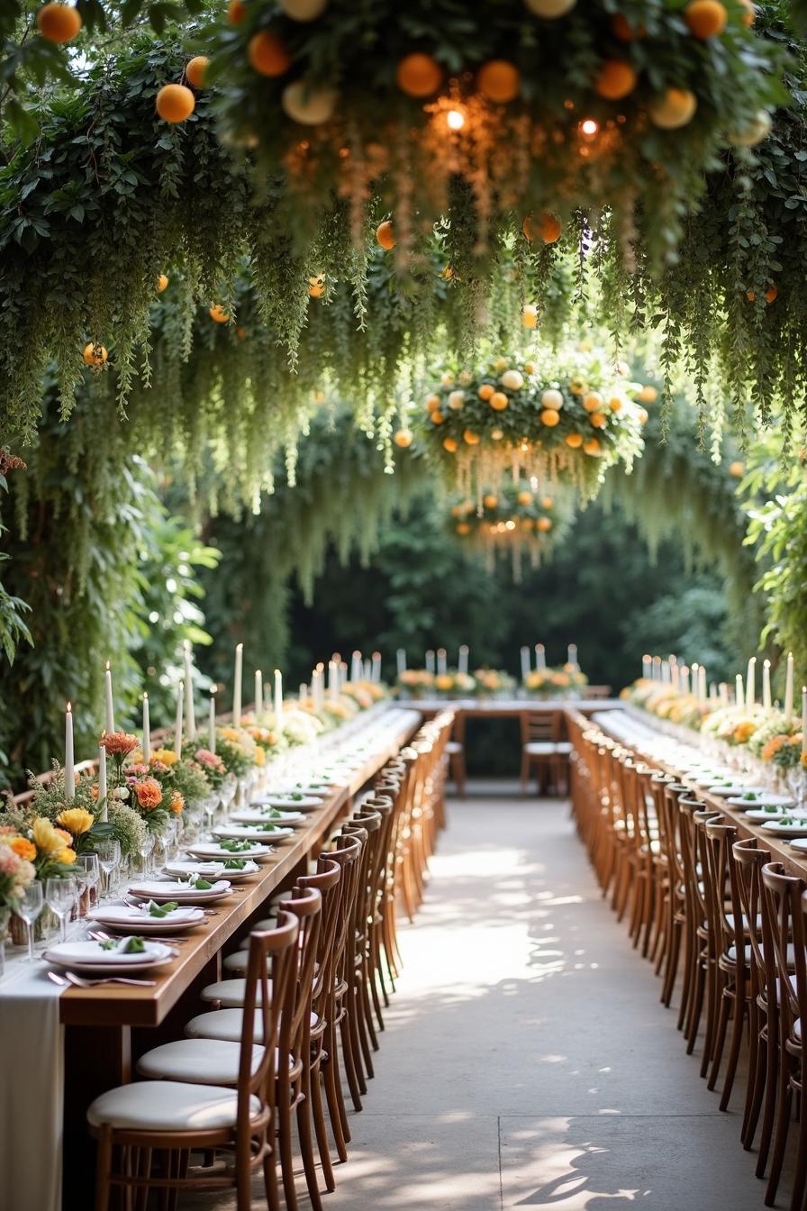 Elegant summer wedding setup with leafy arch and orange accents