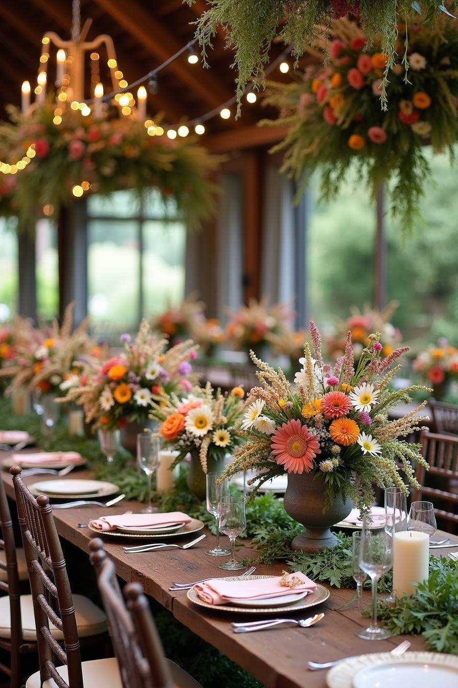 Rustic table set with vibrant wildflower centerpieces