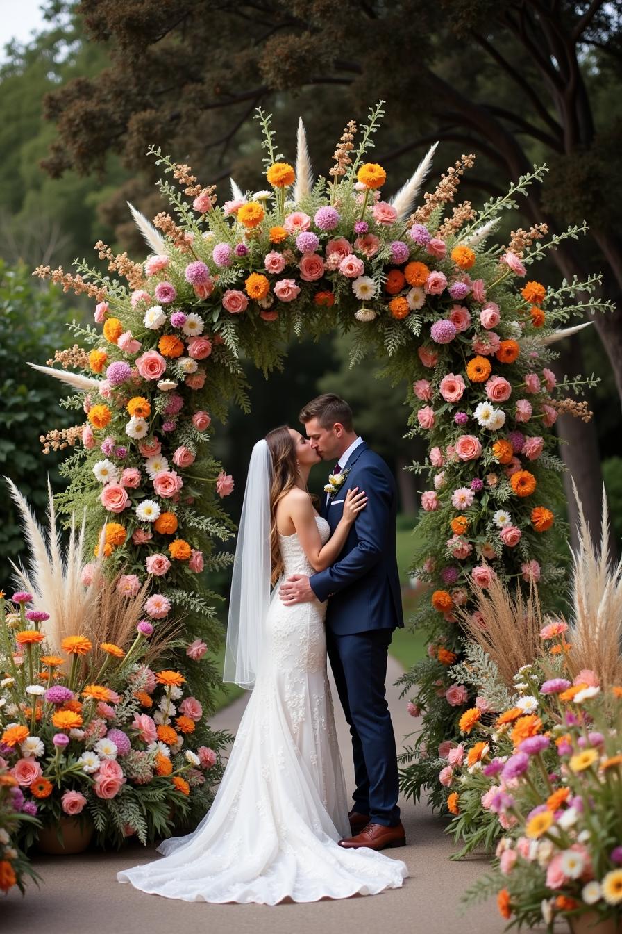 Bride and groom kissing under a vibrant floral arch