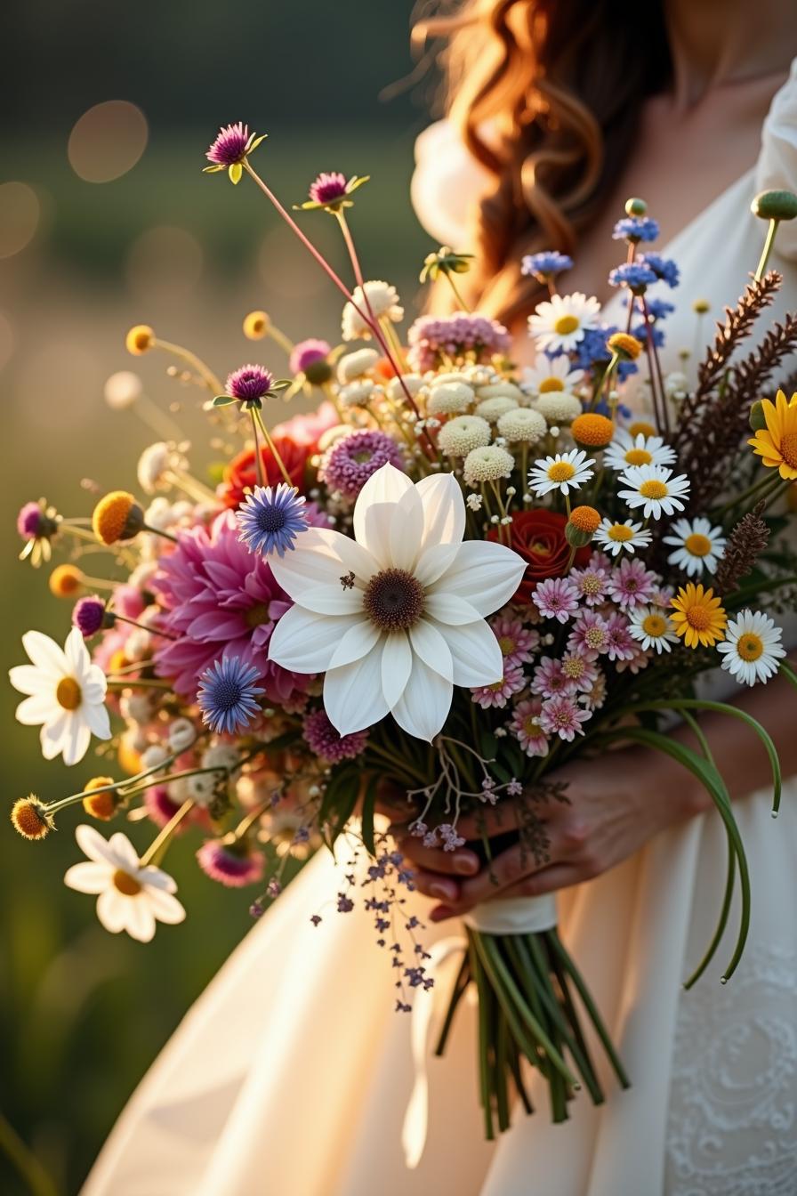 Colorful wildflower bouquet held by a bride in a sunlit setting