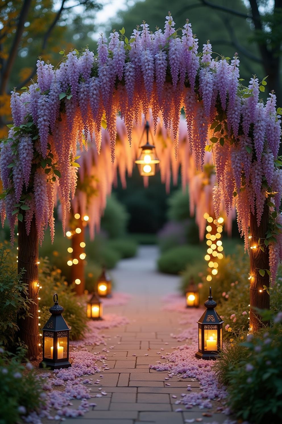 Archway draped in lavender blooms, lit with lanterns