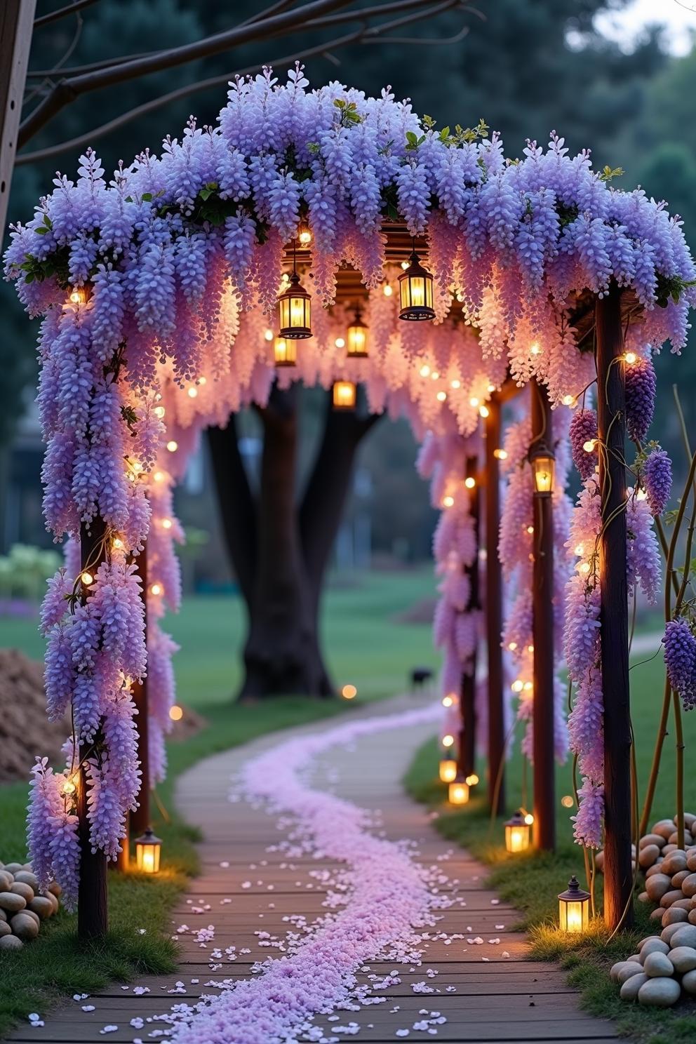 Pathway with lavender florals and glowing lanterns