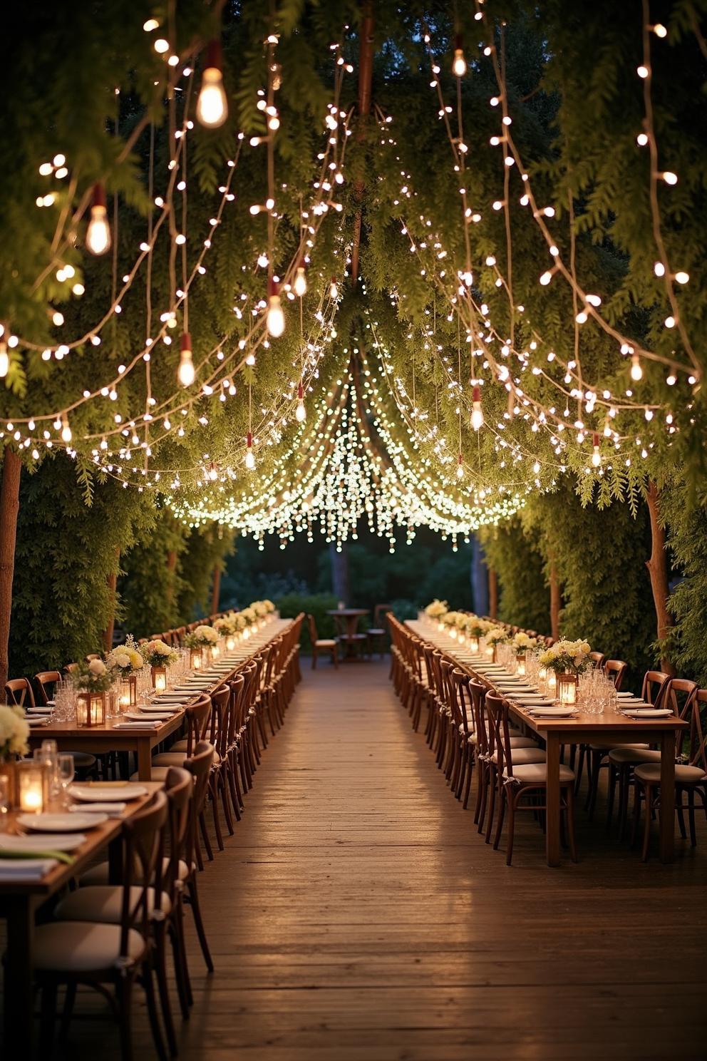 Outdoor wedding reception with hanging string lights