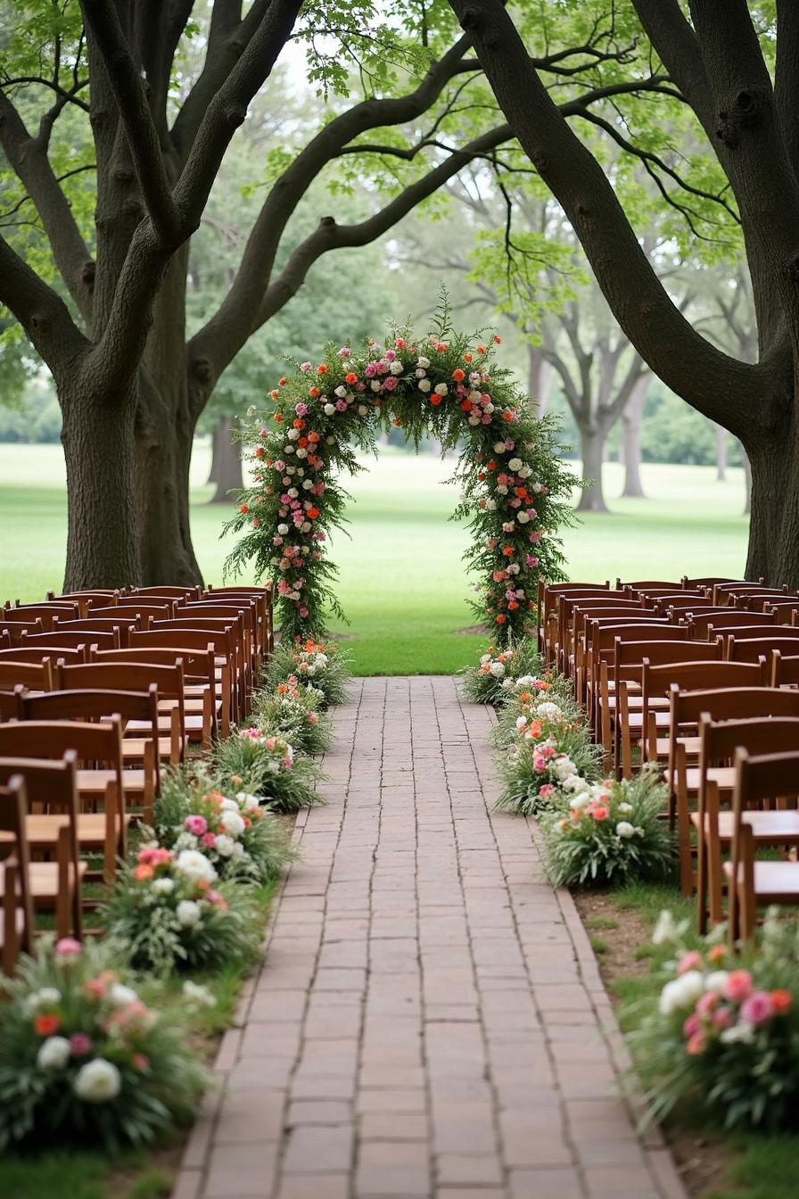 Lush floral arch over a garden wedding aisle