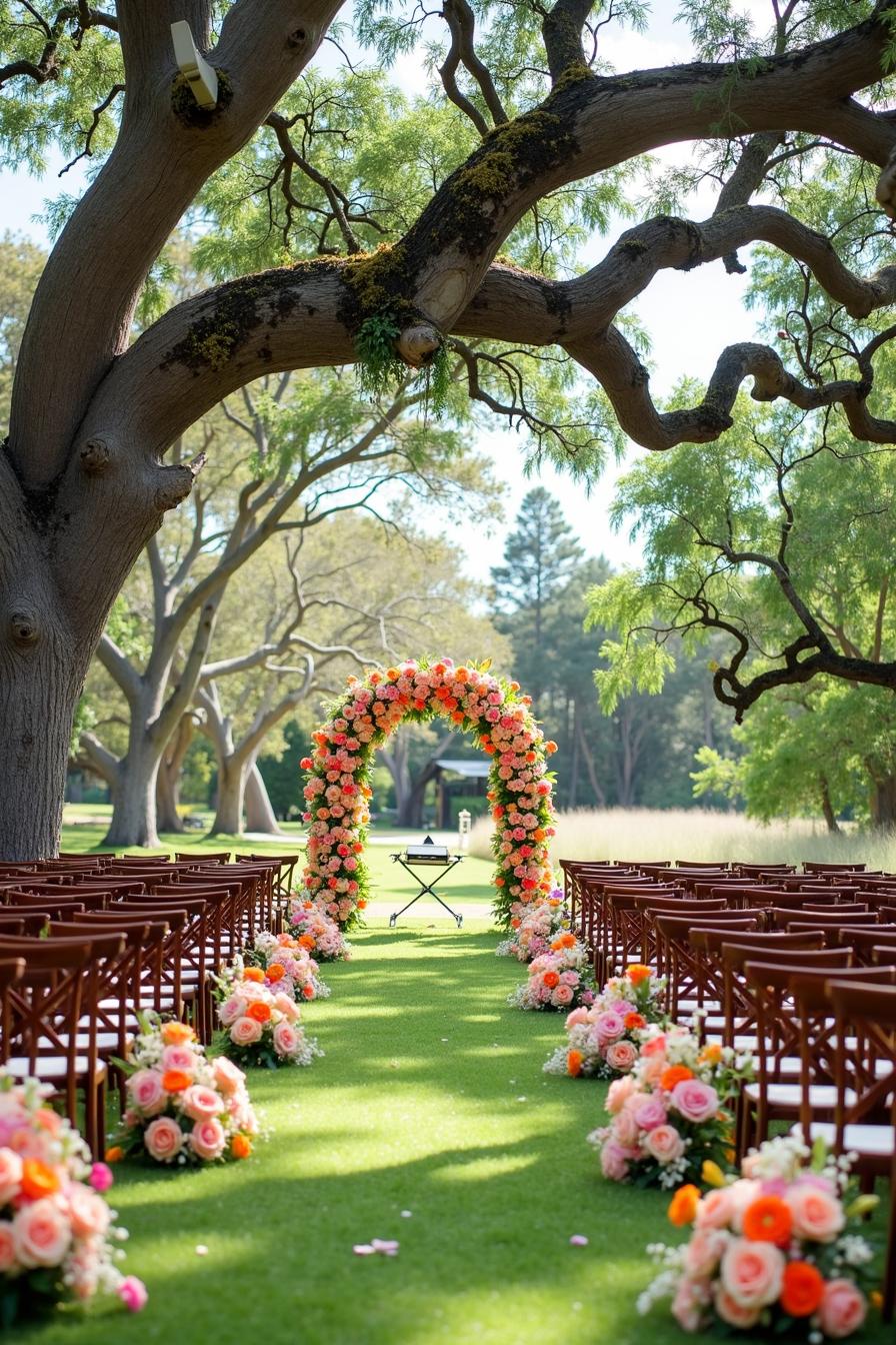 Vibrant floral arch with lush greenery backdrop