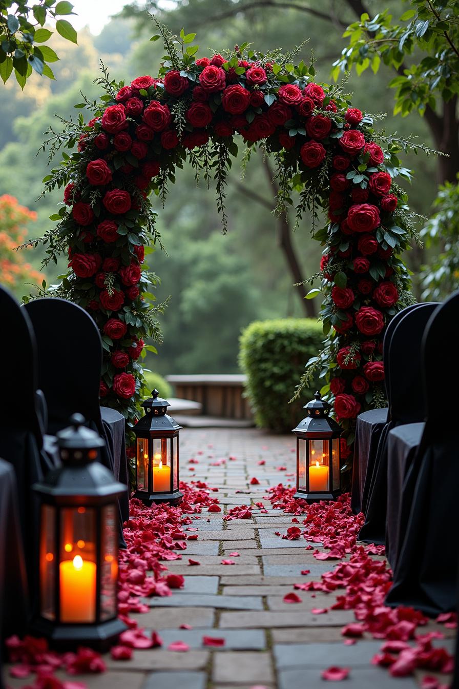 Archway adorned with crimson roses and lantern-lit pathway