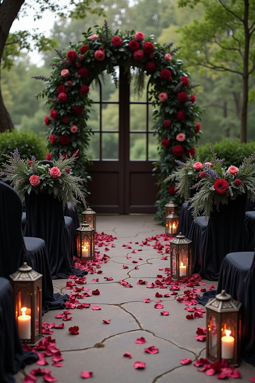 Romantic outdoor aisle with rose petals and lanterns