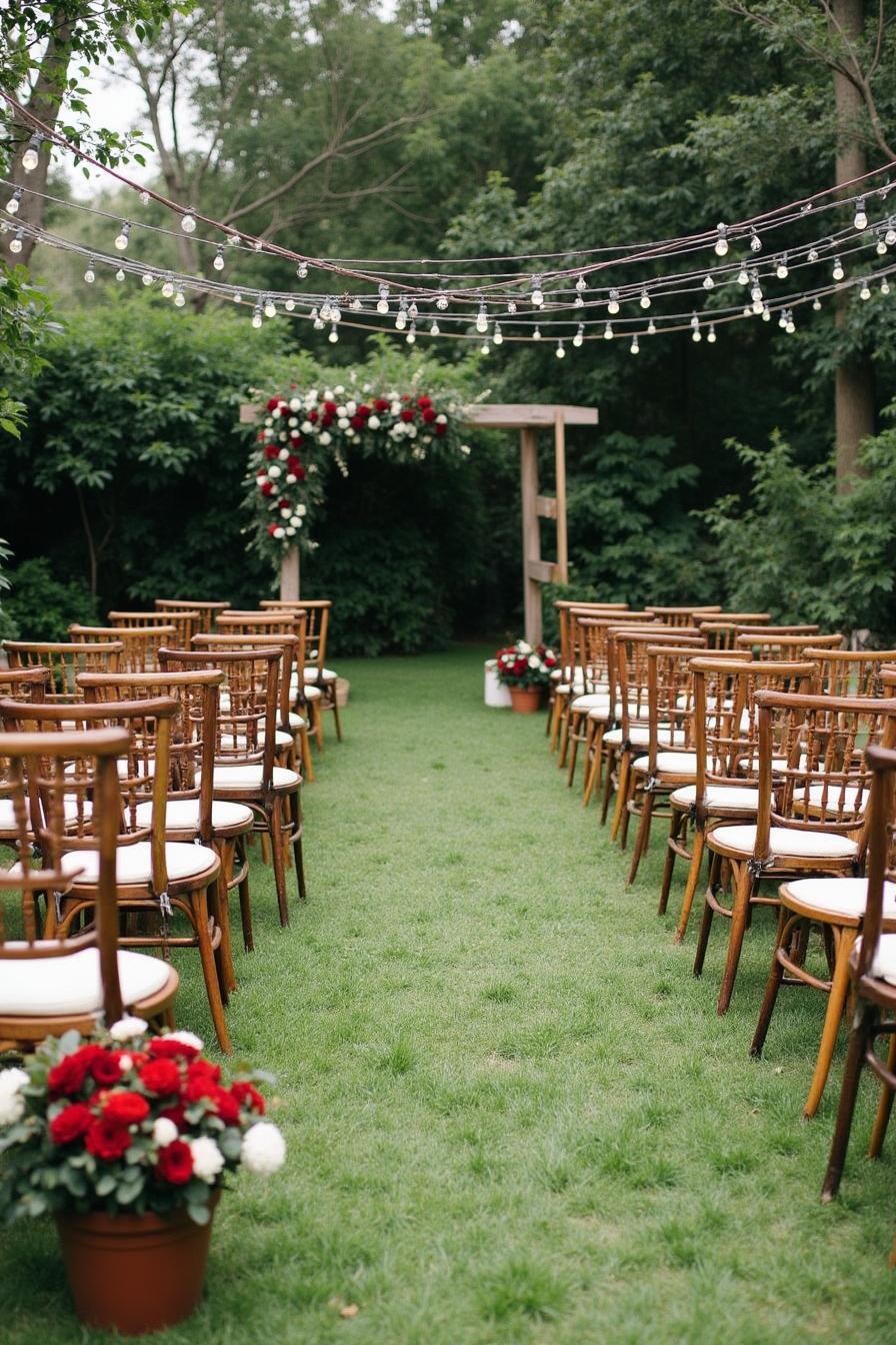 Outdoor wedding aisle with wooden chairs and floral arch