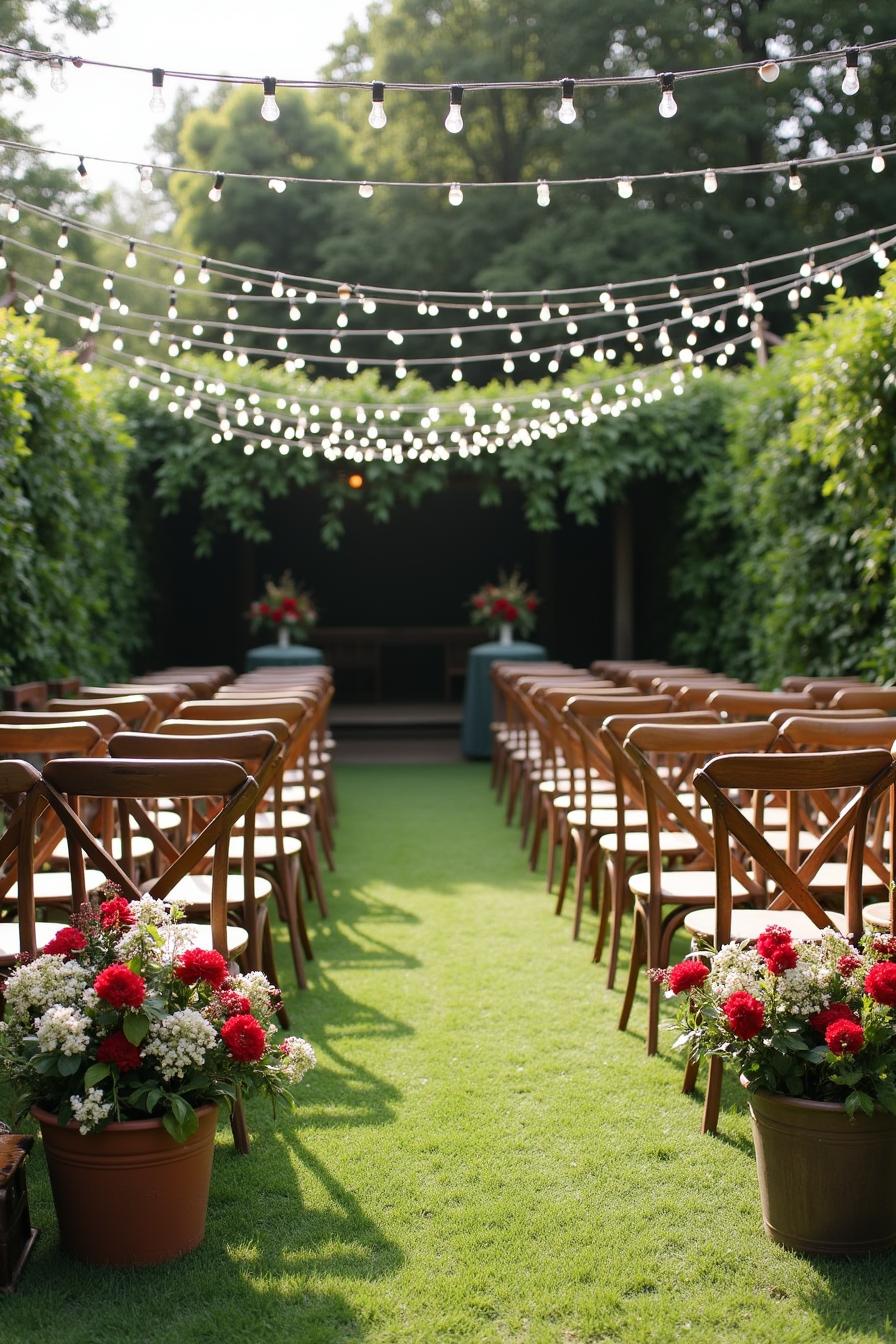 Outdoor wedding ceremony setup with chairs and string lights