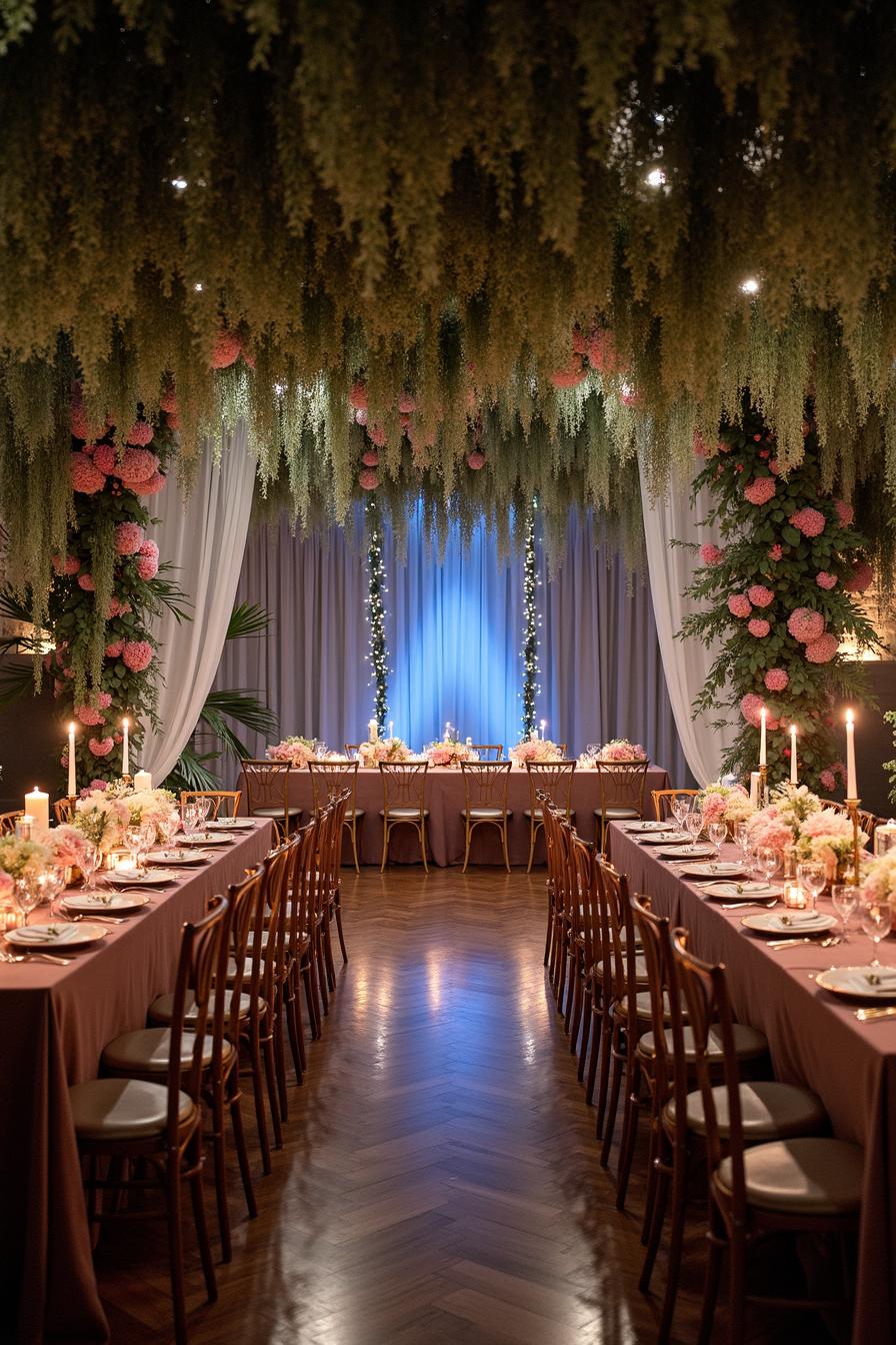 Lush greenery and pink floral decor with soft lighting