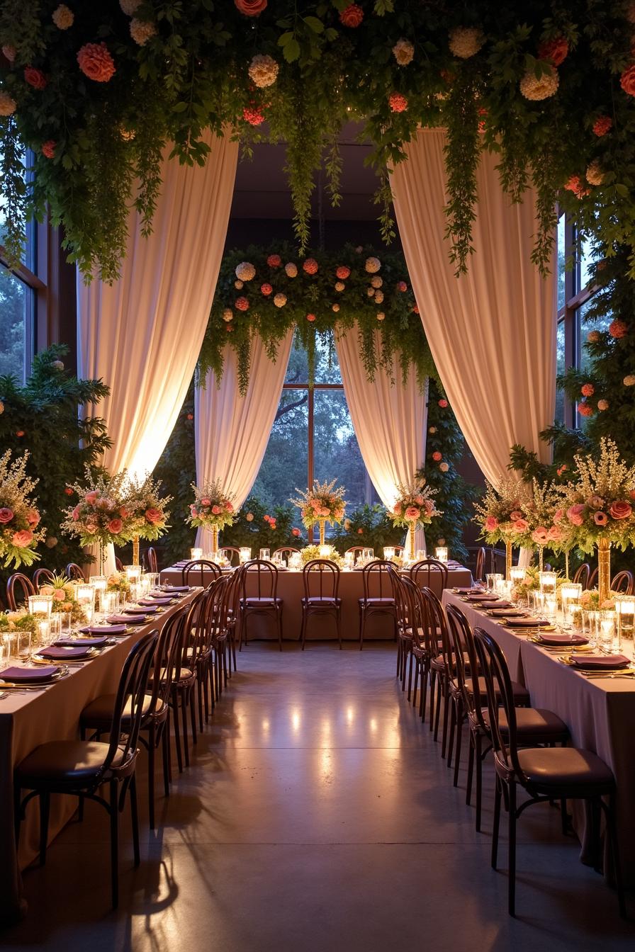 Elegant wedding reception room with lush greenery and flowers