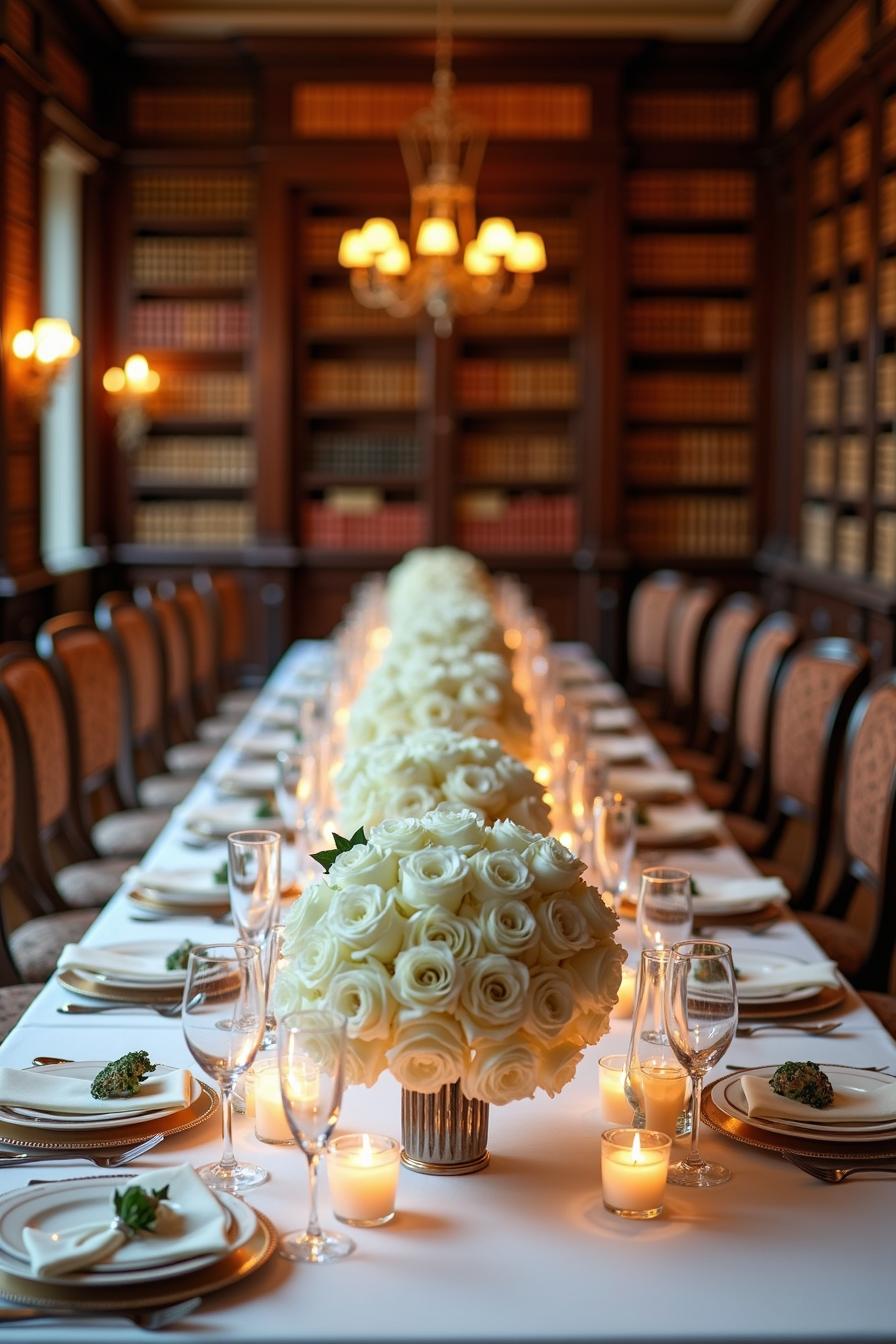 Long table adorned with white roses and candles in a classic library