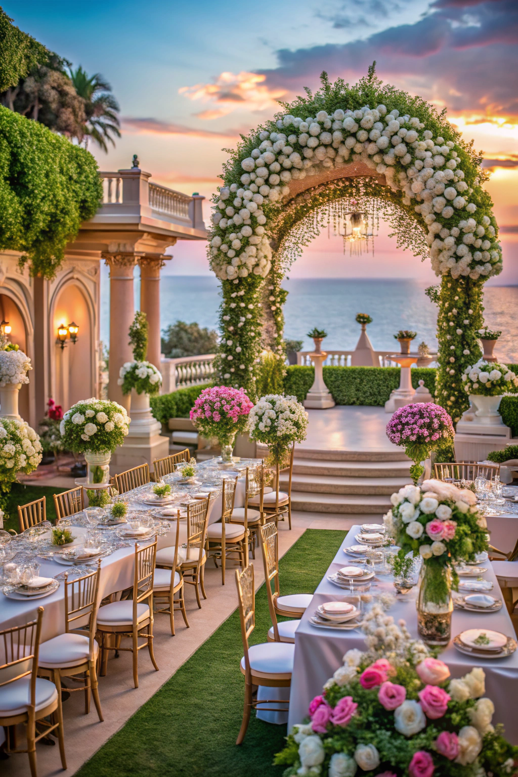 Elegant outdoor wedding setup with lush floral arrangements