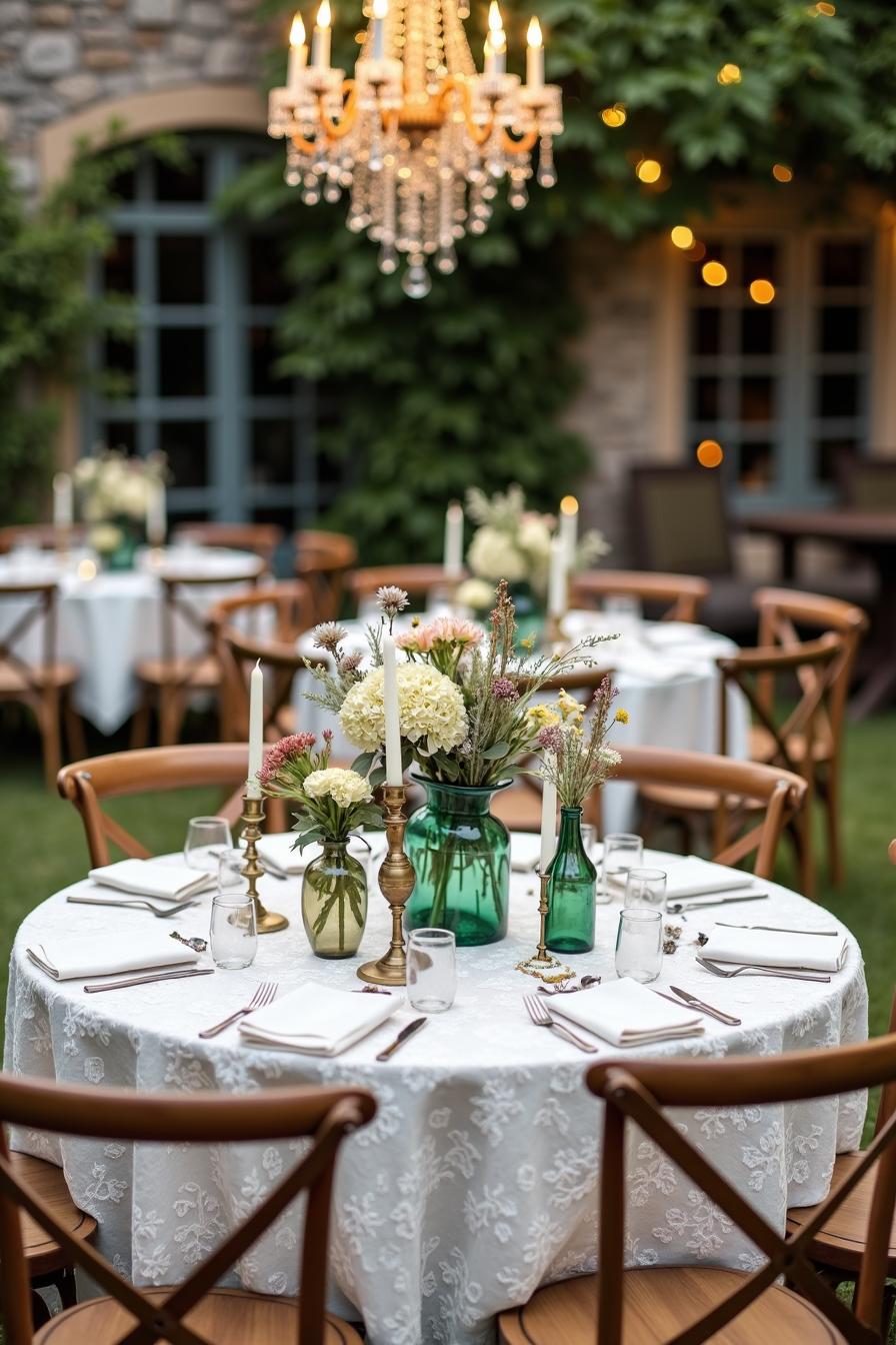 Outdoor wedding table with floral centerpieces and chandelier