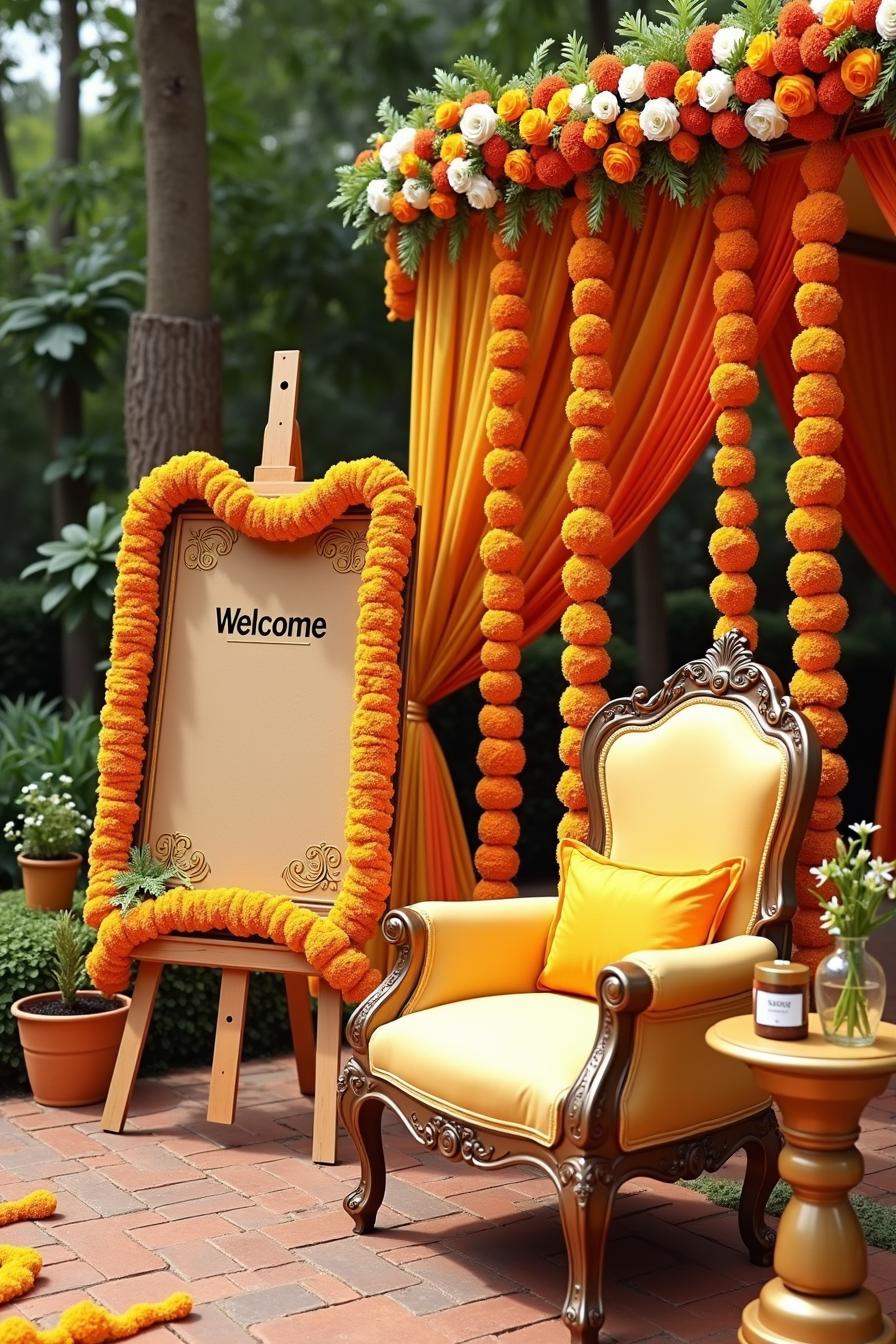 Traditional wedding entrance decor with orange marigold and floral accents