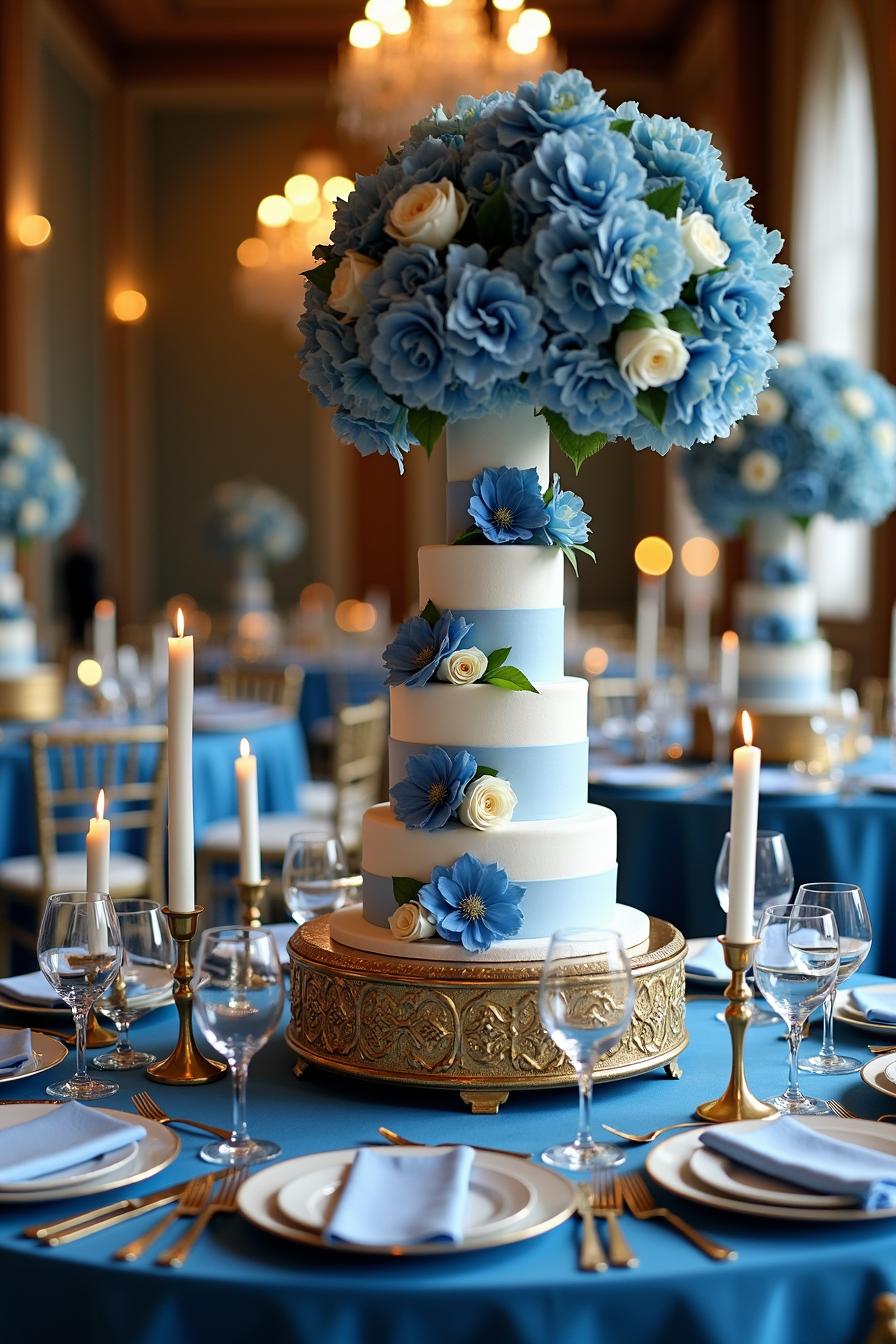 Elegant blue and white floral wedding centerpiece with candles
