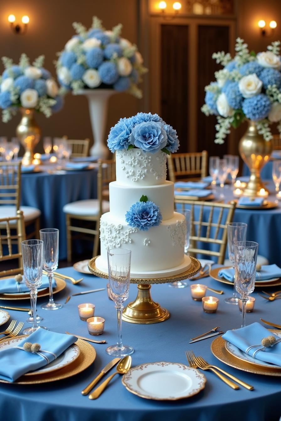 Blue and gold wedding table setting with flowers