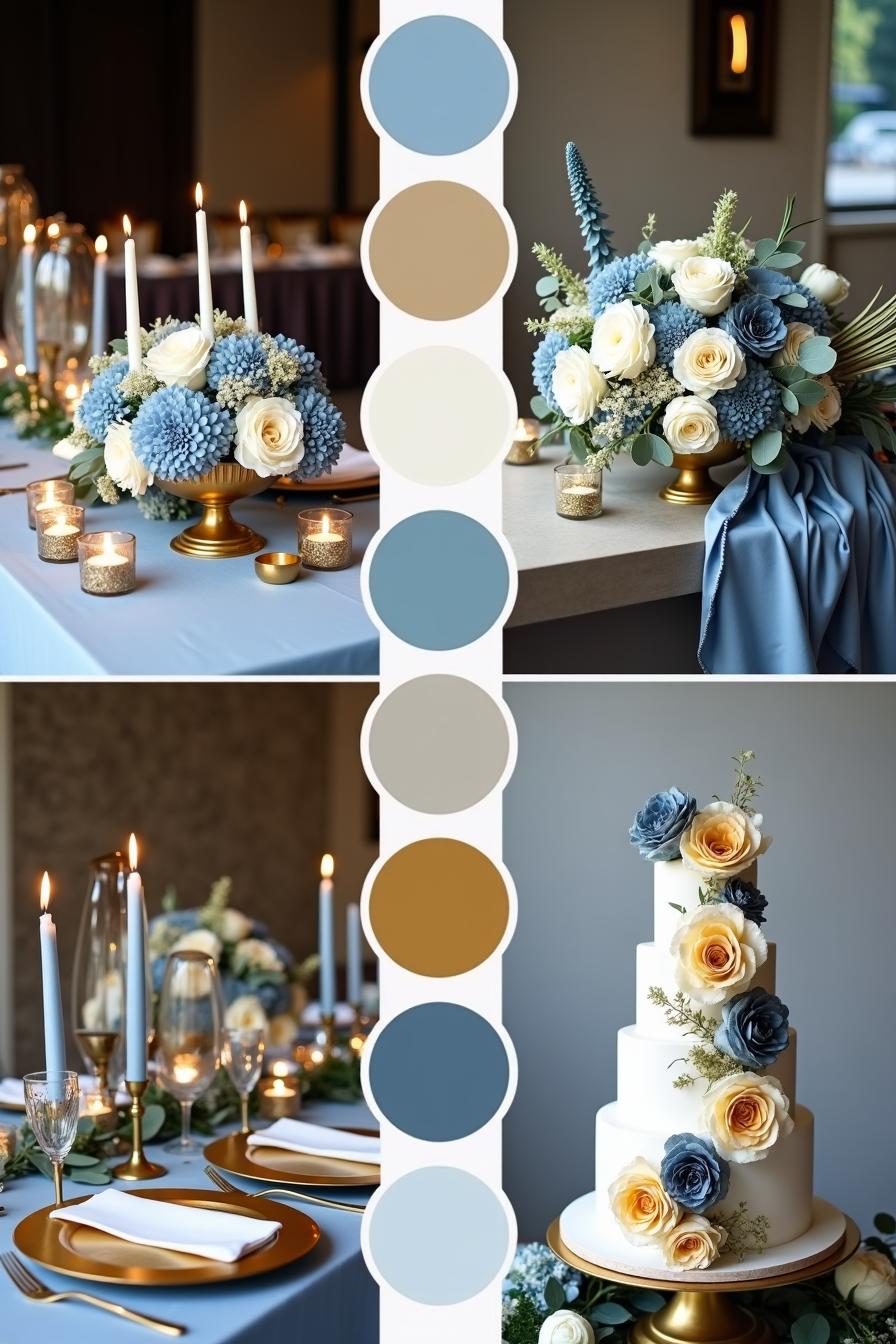 Blue and gold wedding decor with candles and flowers