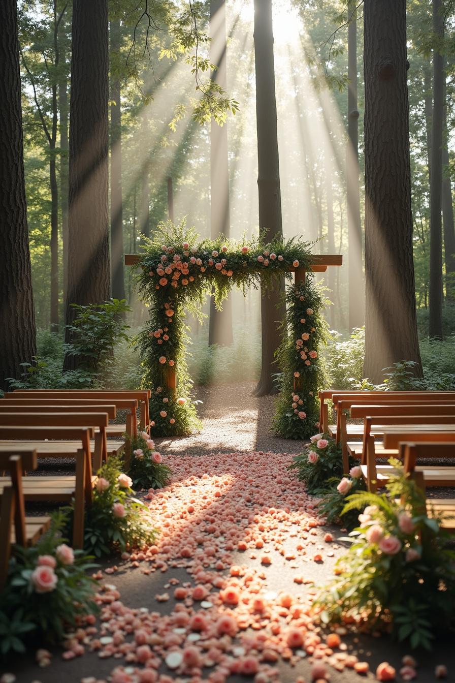 Forest wedding setup with floral arch and petal-strewn aisle