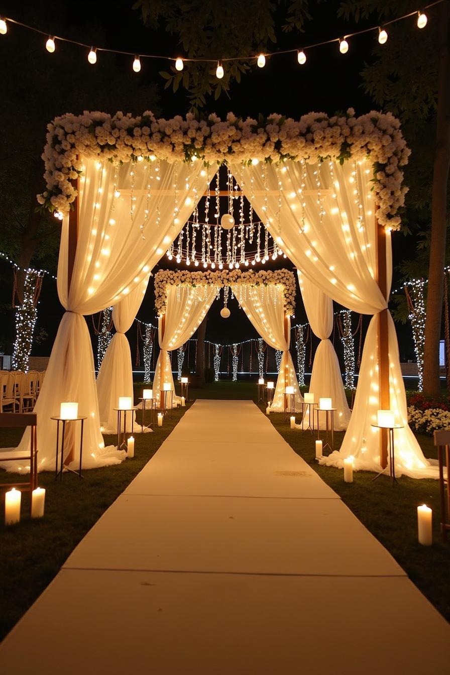 Illuminated wedding archway with draped fabric and fairy lights